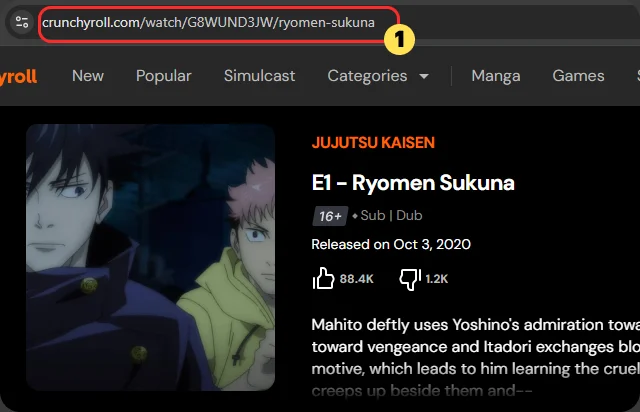 Copia el enlace del anime de Crunchyroll